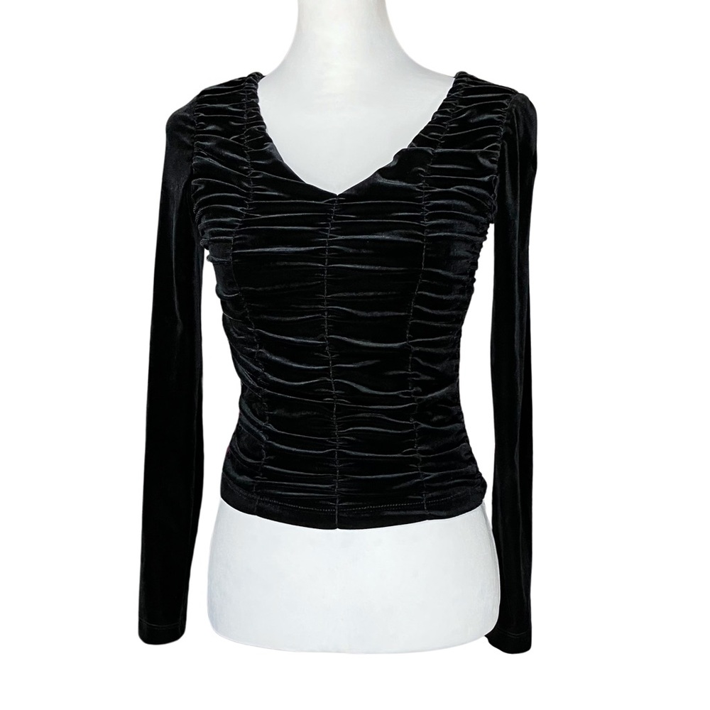 Vintage 80s 90s Black Velvet Gothic Ruched Going Out Top XS Whimsigoth Punk Goth